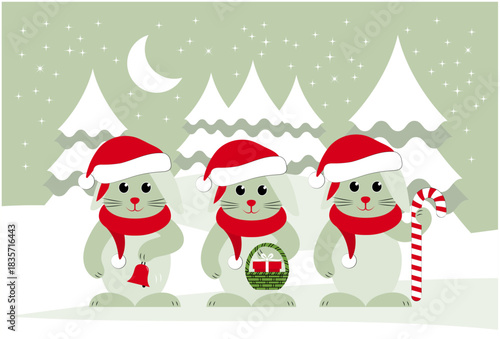 three bunnies with caps and scarves in snowy landscape