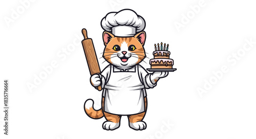 Cute cartoon cat character chef wearing apron and chef hat holding a rolling pin and birthday cake with candles isolated on white background digital illustration