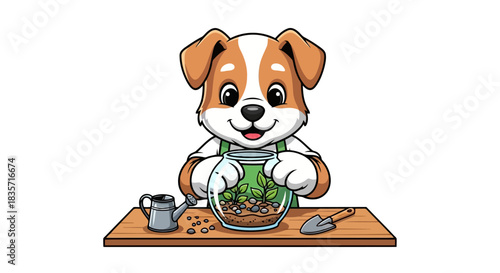 Cute cartoon jack russell terrier dog character planting terrarium with watering can and spade on wooden table isolated on white background digital illustration