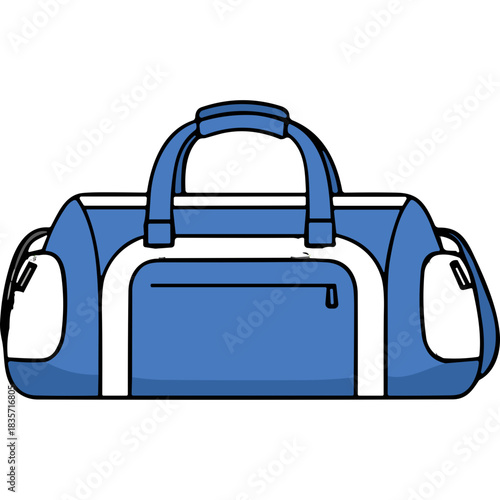Blue and White Duffle Bag With Zipper Pockets and Straps Isolated on Black Background Minimalist Graphic Style Sports Gear or Travel Accessory Illustration