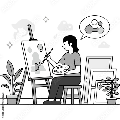 Artist painting a portrait on canvas at an easel in a studio with plants and artwork displayed creative inspiration and imagination illustrated in grayscale