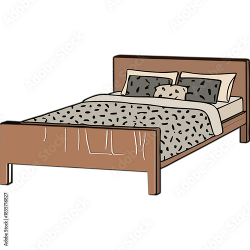 A Simple Wooden Bed Frame with Neutral Colored Bedding and Pillows on a Transparent Background