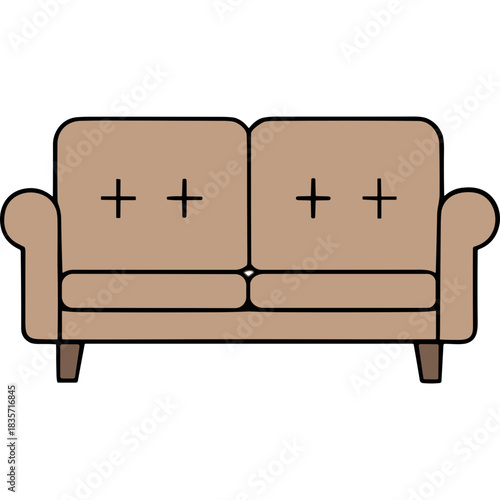 A simple brown two-seater sofa with tufted cushions and wooden legs isolated on a black background with a minimalist design aesthetic