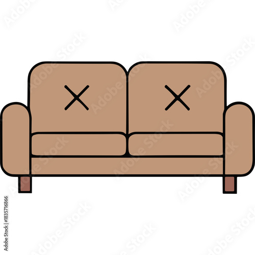 A simple cartoon drawing of a brown two-seater sofa with black X marks on its cushions and dark brown legs set against a solid black background