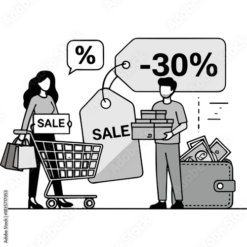Black and white illustration of people shopping for sale items with discount tags and shopping cart symbolizing commerce and consumerism