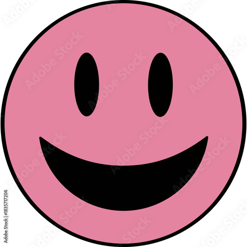 A simple pink smiley face with black eyes and a wide smile on a black background creating a cheerful and iconic graphic symbol of happiness and positive emotion in a clean and modern design