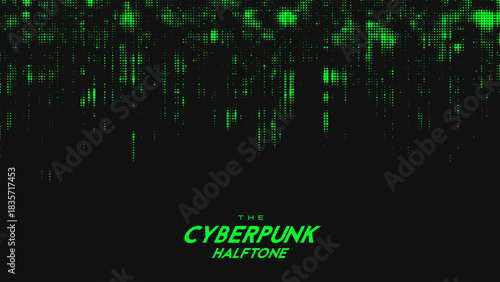 Abstract vector green cyberpunk halftone sound wave. Scrathed dotted texture element.
