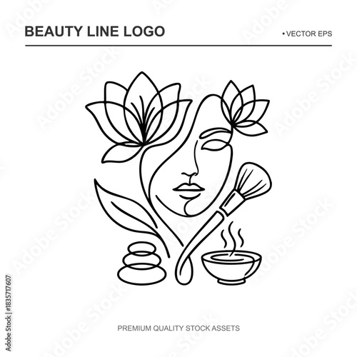 A complex scalable vector illustration for high end spa branding combining a woman profile with a lotus hot stones steaming bowl and brush in one continuous line. Fully editable for logos large format
