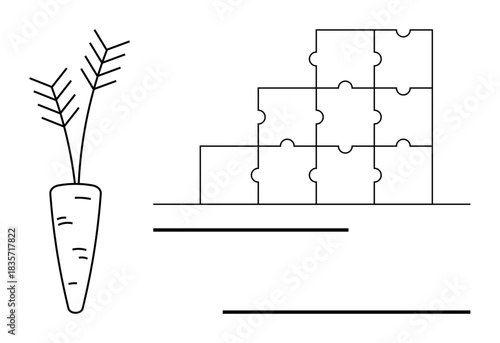 Puzzle concept. Puzzle blocks and a carrot growth, problem-solving, and innovation. Puzzle pieces align with creative solutions and progressive thinking. Suitable for education, teamwork, goals
