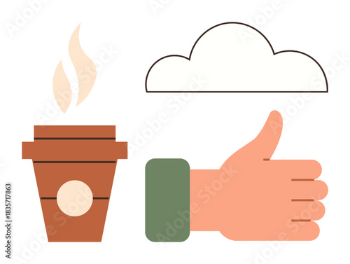 Steaming coffee cup, cloud, and a thumbs-up hand gesture symbolizing relaxation, positivity, and good mood. Ideal for productivity, morning routine, leisure, approval weather casual lifestyle