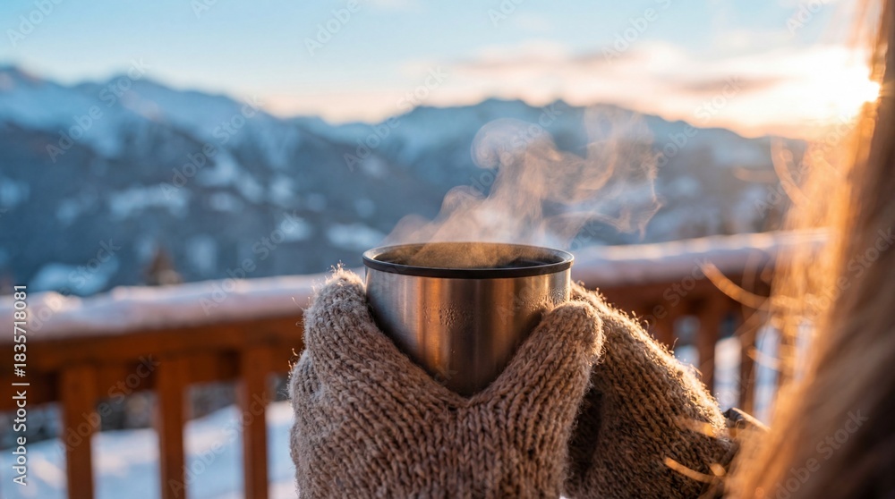 Naklejka premium Close up of hands in knitted gloves holding a steaming mug against a snowy mountain backdrop at sunset. Perfect for travel, winter vacation, and cozy lifestyle concepts.