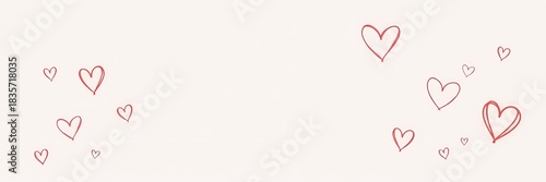 Hand drawn hearts illustration on a light pink background. Hearts placed on the sides creating copy space , place for text in the middle. Valentine's day concept.