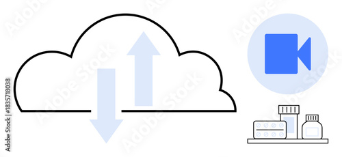 Cloud computing, video communication, telemedicine, online pharmacy, digital storage, data transfer. Cloud with arrows, video icon and medicine containers. Cloud computing and video communication
