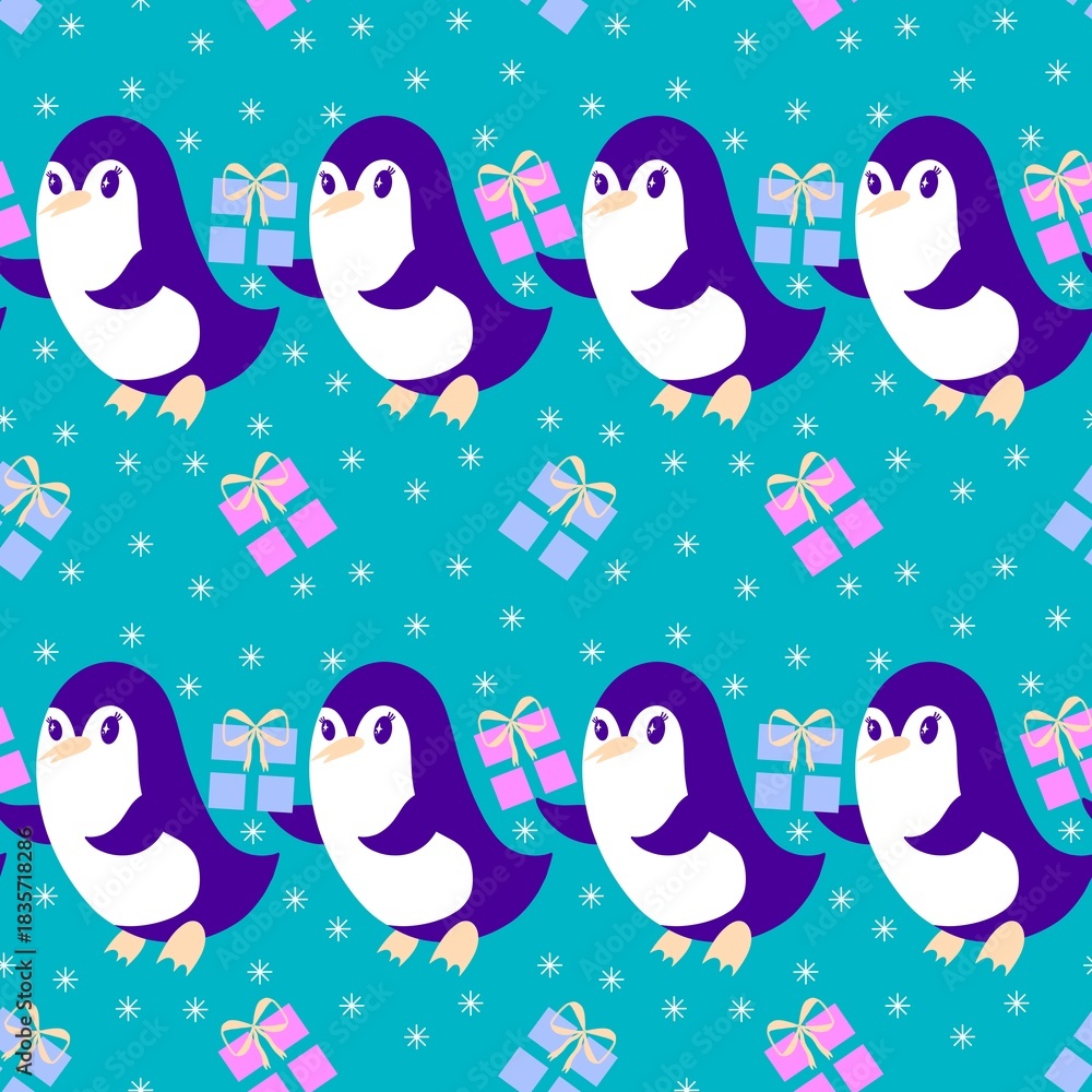 Fototapeta premium Christmas animals seamless penguin pattern for wrapping paper and fabrics and kids print