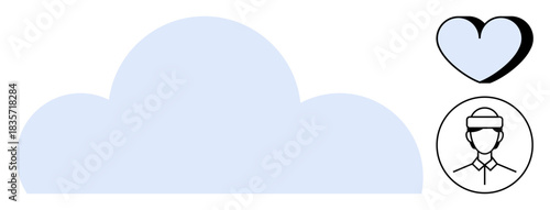 Health services, digital communication, networks, care, cloud storage, connection. Light blue cloud alongside a heart and person icon. Health services and digital communication