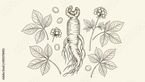 Hand-drawn ginseng root illustration with leaves and berries in vintage style