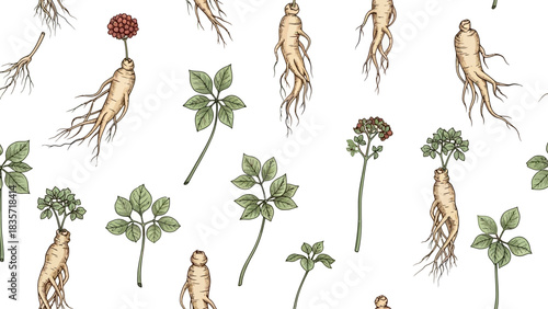 Hand Drawn Ginseng Plant Seamless Pattern on White Background for Herbalism