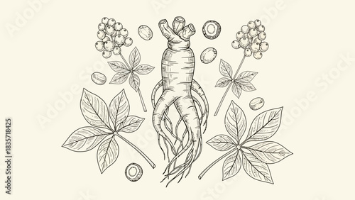Elegant botanical sketch of ginseng root, leaves, and berries on a light background