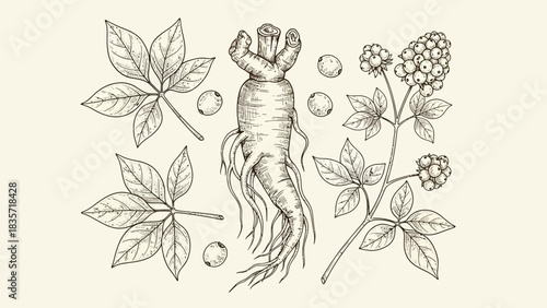 Elegant ginseng botanical illustration featuring root, leaves, and berries in sketch style