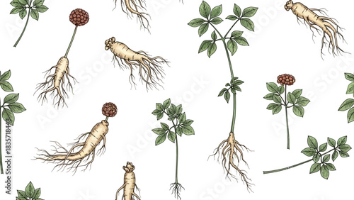 Elegant ginseng root and plant vector seamless pattern design with detailed botanical illustrations