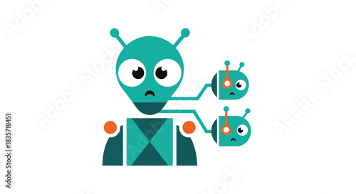 Sad robot with two smaller, connected robots