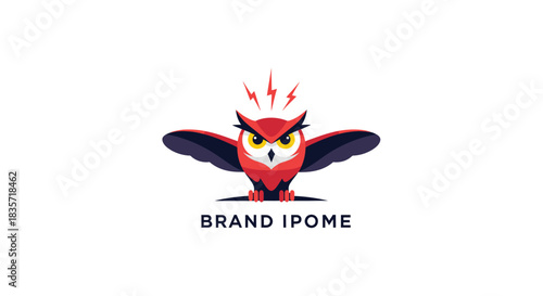 Stylized red owl with wings spread, lightning
