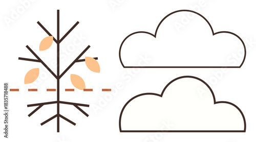 Bare tree branches with scattered leaves above dashed ground line, alongside outlined clouds. Ideal for seasons, weather, nature, growth, change, simplicity and eco concepts. Simple flat metaphor