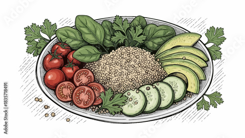 Illustration of a healthy vegan bowl with quinoa, vegetables and avocado in dish