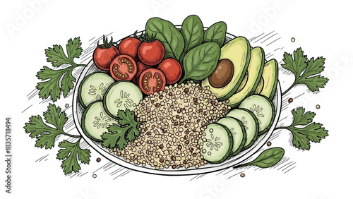 Colorful Sketch of a Healthy Quinoa Bowl with Fresh Vegetables and Nutritious Grains