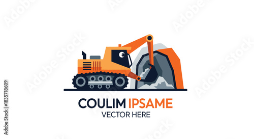 Cartoon orange excavator digs into grey rock, flat graphic