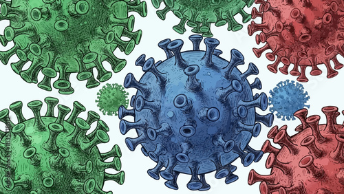 Colorful hand-drawn illustration showcasing various coronavirus or virus particles