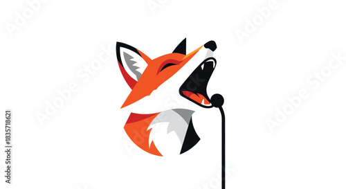 Stylized fox head howling into microphone on white background