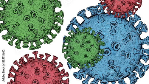 Detailed colorful digital illustration of the coronavirus pathogen on a white backdrop