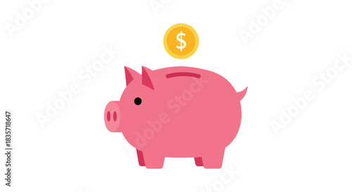Pink cartoon piggy bank with coin above the slot