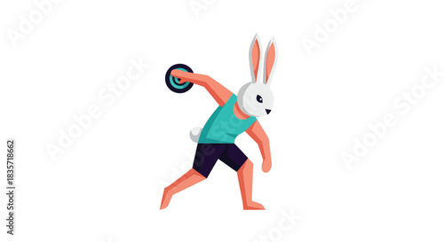 Stylized rabbit athlete throwing discus