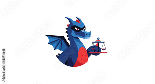 Blue, stylized dragon holding scales