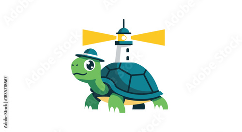 Cartoon of a smiling turtle wearing a hat and carrying a lighthouse on its back