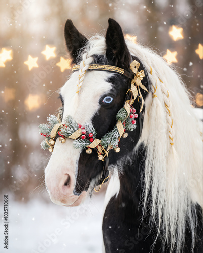 Horse poses festively in winter landscape