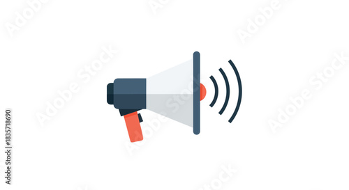 A gray, white, and red megaphone with sound waves