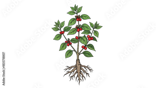 Illustration of a coffee plant with roots leaves and ripe red coffee cherries
