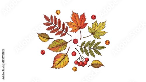 Autumnal arrangement of vibrant leaves and berries for seasonal designs and backgrounds