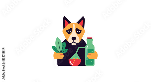 Cartoon dog holding a plant and a potion