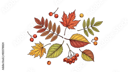 Autumnal Harmony: A Collection of Hand-Drawn Leaves and Berries on White Background