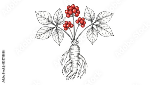 Detailed ginseng plant illustration with red berries and leaves against white background