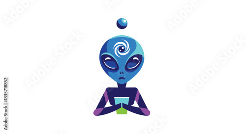 Blue alien-like figure, with a vortex symbol, holding a cup