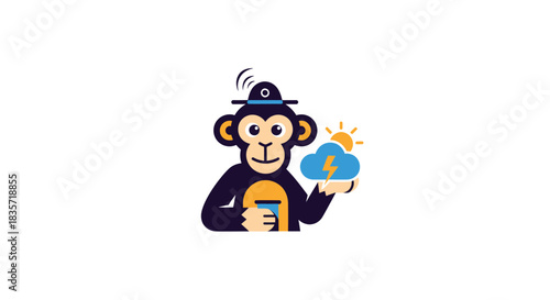 Graphic monkey with a hat holding a stormy cloud