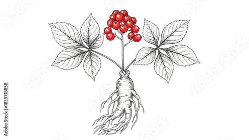 Detailed ginseng drawing with leaves and berries showcasing herbal medicine quality