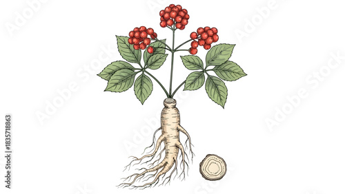 Detailed illustration of ginseng plant with leaves, berries, and root section