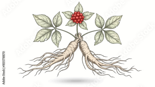 Vintage illustration of ginseng plant, emphasizing its traditional medicinal properties