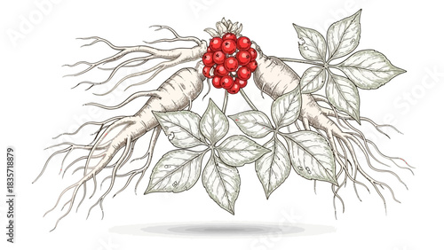 Ginseng plant illustration with roots, leaves, and berries for herbal medicine concept